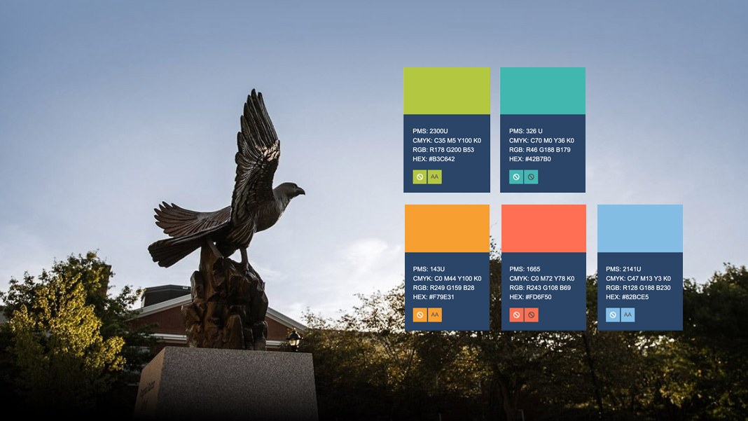 Bentley brand colour cards, each annotated with its contrast ratings, over a photograph of the falcon statue at dusk.
