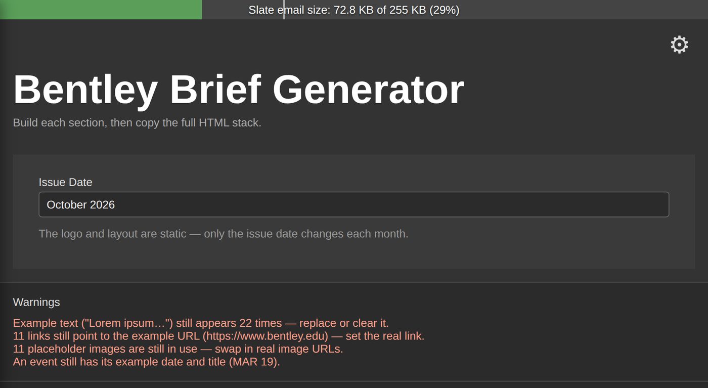 The top of the builder. A meter across the very top reads &ldquo;Slate email size: 72.8 KB of 255 KB (29%)&rdquo; with a green bar filled to roughly a third. Below it, a Warnings panel lists in red: example text still appears 22 times, 11 links still point to the example URL, 11 placeholder images are still in use, and an event still has its example date and title.