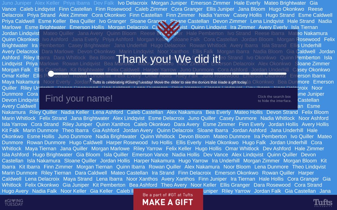 A donor recognition wall: hundreds of donor names tiled across a blue field, with a slider for stepping through the hours of the day, a name search, and a Make a Gift call to action.