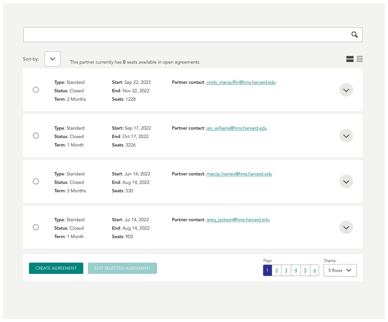 The partner agreements list rendered as cards — each agreement a white panel listing type, status, term, start, end, seats and a partner contact link, with an expand control at its right edge.