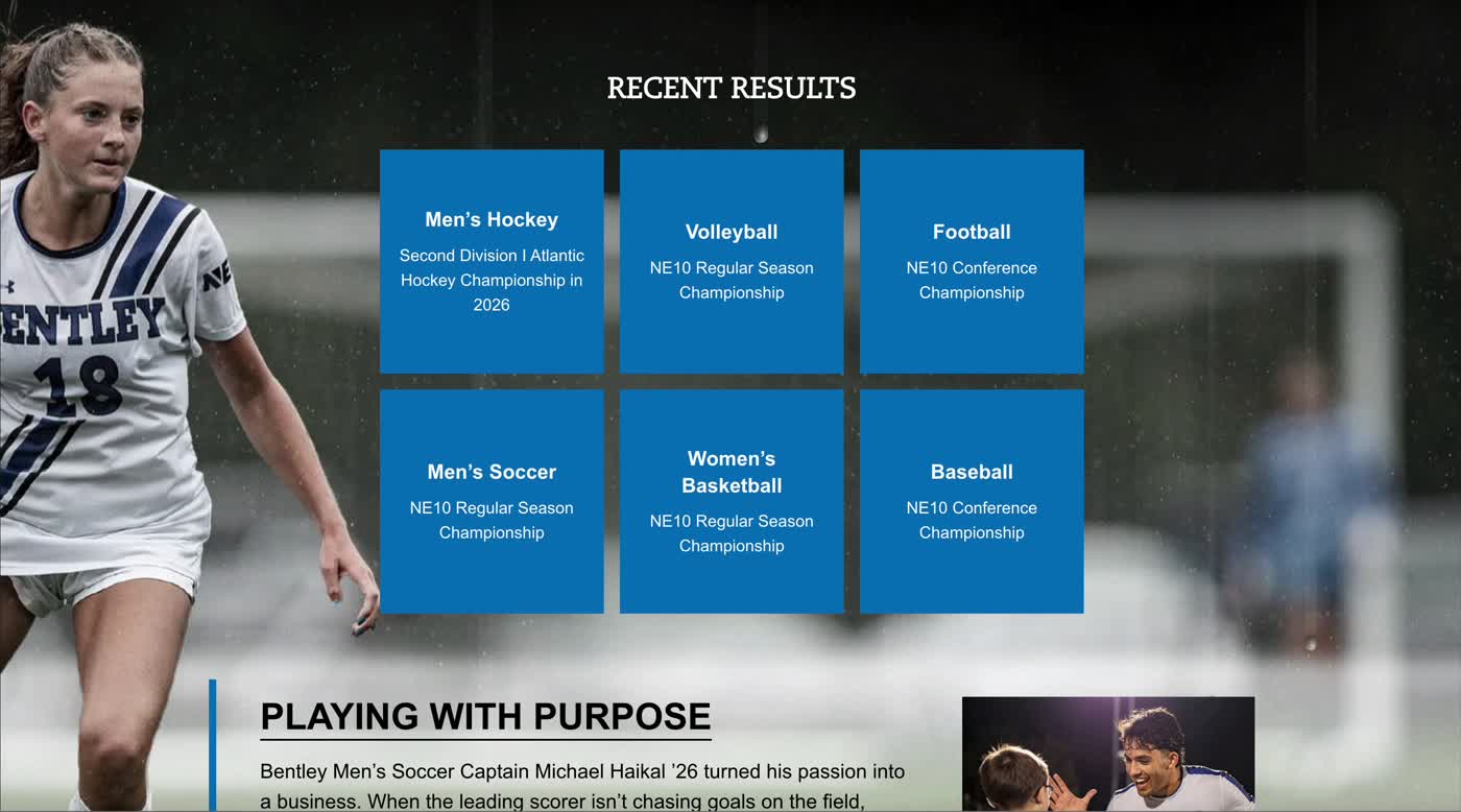 The impact report's athletics section: a full-bleed photograph of a Bentley soccer player behind a grid of blue cards listing conference championships, with a story headed &ldquo;Playing with Purpose&rdquo; below.