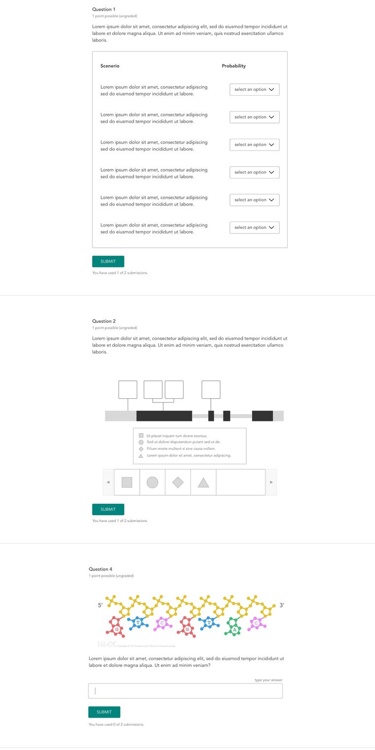 A course assessment with nothing answered: a scenario table whose rows each end in a &ldquo;select an option&rdquo; dropdown, a diagram question with a tray of shapes to place, and a free-text question, each with its own Submit.