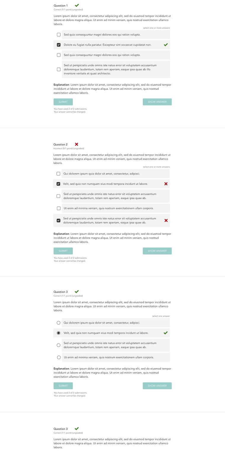 Checkbox and radio questions after submission. Each chosen answer carries a green check or a red cross at the end of its row, the question heading carries the same mark, and an explanation has opened beneath.
