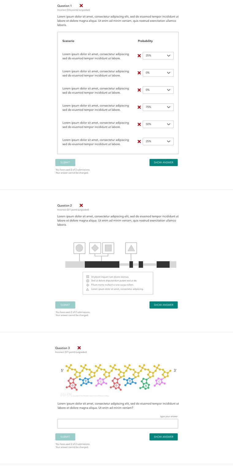 The same table answered incorrectly with both attempts used: every row crossed, the Submit button greyed out, and Show Answer now the filled button on the right.
