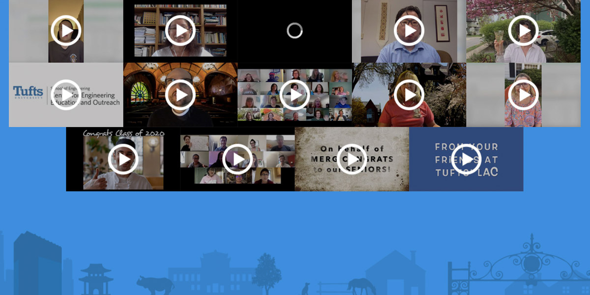 A grid of video thumbnails, each a graduate or family member recording a message.